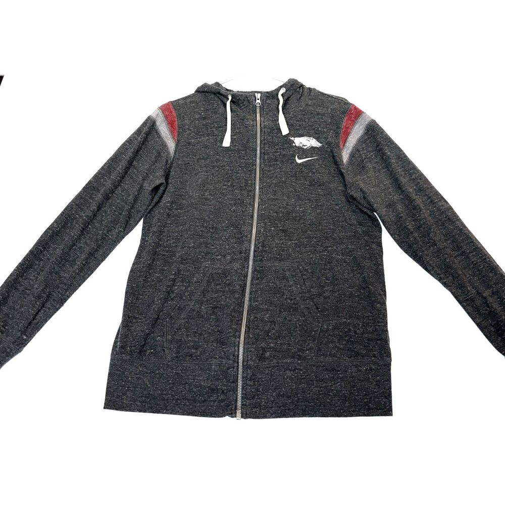 Nike Arkansas Razorbacks Large Charcoal Full Zip Hoodie Shoulder Stripe NCAA SEC